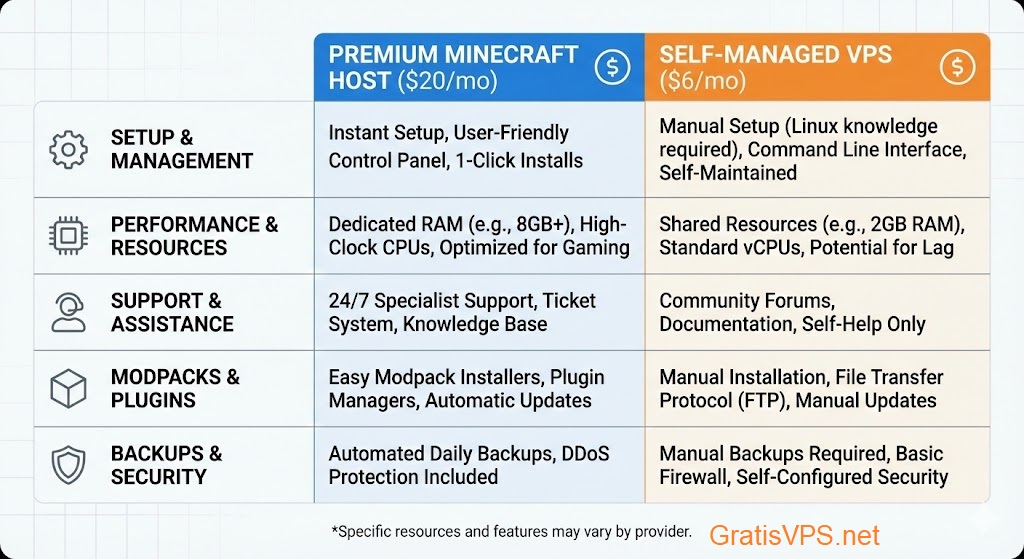 Price comparison table showing cost savings of self-hosting a Hytale server on a VPS versus managed hosting providers