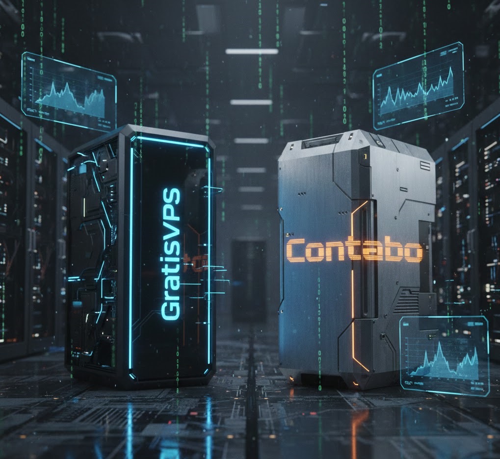 A futuristic comparison between GratisVPS and Contabo server infrastructure showing speed and reliability metrics.