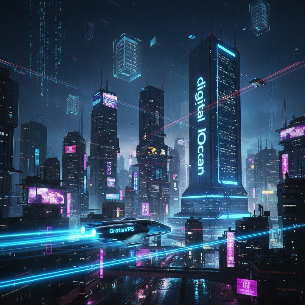 A high-speed race between GratisVPS and DigitalOcean represented as futuristic tech infrastructure in a digital city.