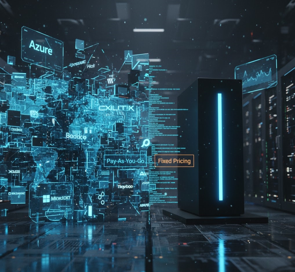 A side-by-side visual comparison of Microsoft Azure's complex enterprise cloud and GratisVPS's streamlined high-performance server.
