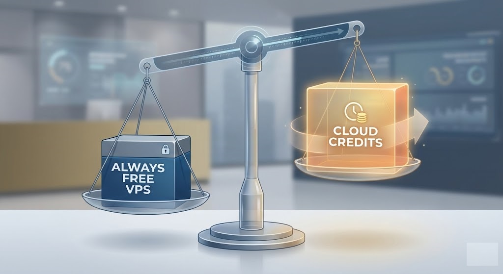 Comparison graphic showing the balance between permanent free VPS tiers and temporary cloud computing credits.