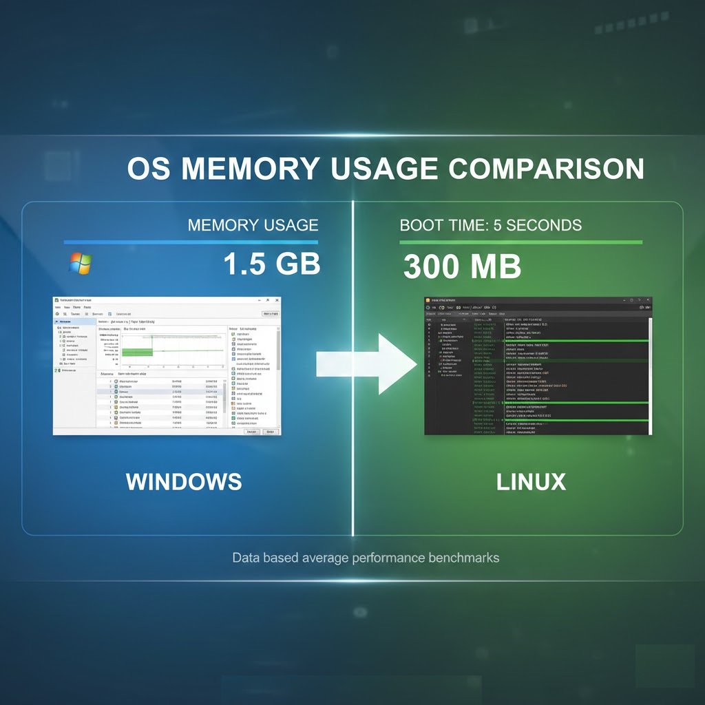 Comparison of resource consumption between Windows RDP and Linux VPS.