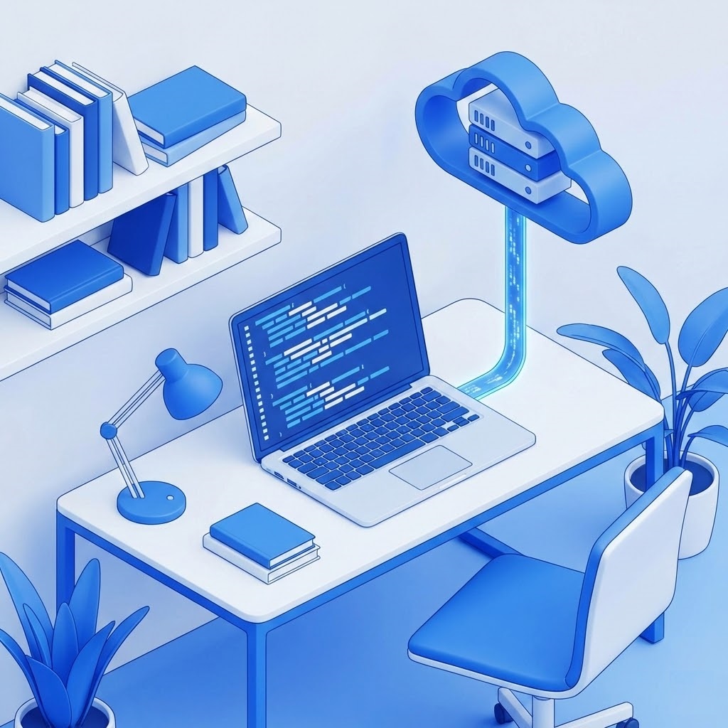 Illustration of a student developer connecting to a cloud-based free VPS environment for coding.