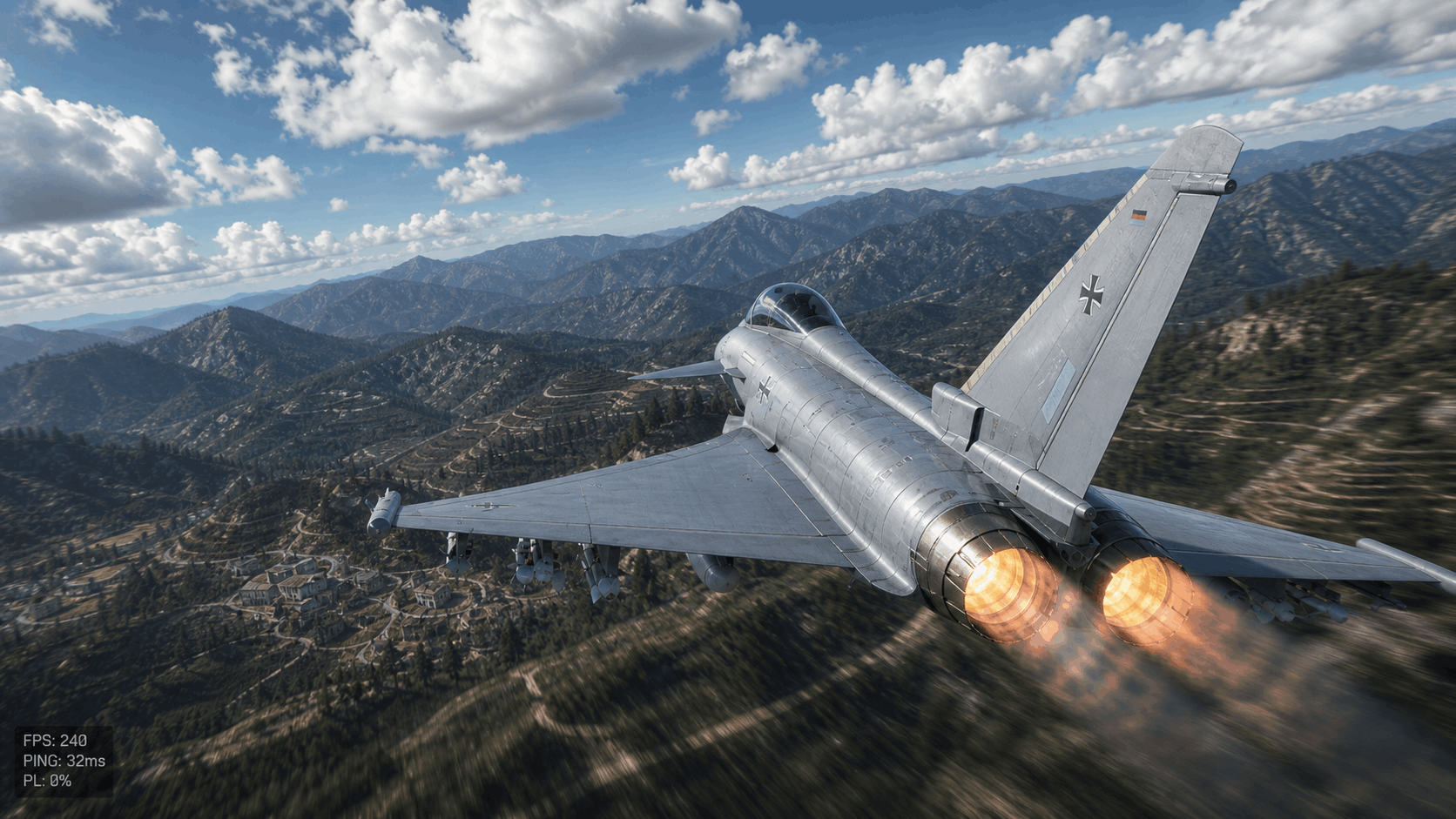 War Thunder FPS Boost 2026 - EF-2000 in-game benchmark showing 240 FPS and 0% Packet Loss on a high-end PC build optimized by a Top 600 Marshal.